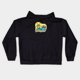 Pug Dog Surfing on the Sea Wave on the Summer Beach Kids Hoodie